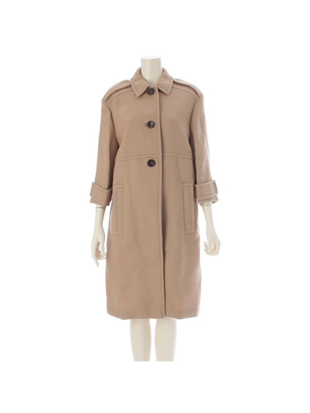 Prada Wool Polyester Stitch Design Epaulette Soutien Collar Coat Beige 38
